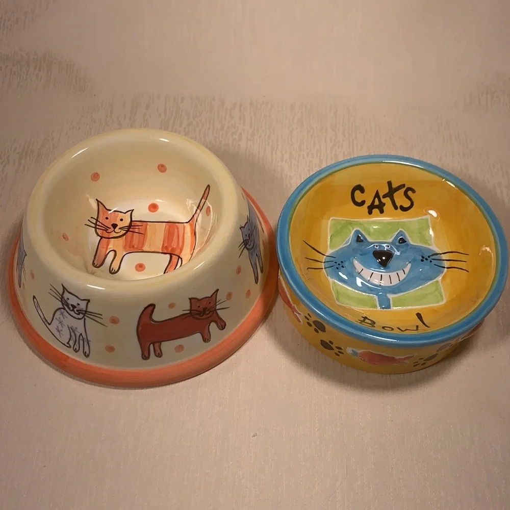 Pair of Ceramic Cat Food Water Bowls